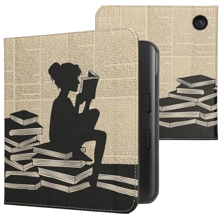 kwmobile Klapphülle kompatibel mit Kobo Kobo Libra Colour/Tolino Vision Color Hülle - Flipcase für den eReader mit Handschlaufe - Lesende Frau Schwarz Beige