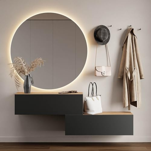 Planetmöbel Flurgarderobe 2X 100 cm | Spiegel rund mit Beleuchtung 100 cm, Gold Eiche - Anthrazit, Flur Möbel mit Spiegel, 2x 37,8T x 100B x 32,5H cm