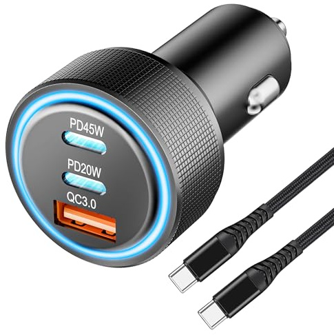 USB C Autoladegerät, 3-Port 65W Dual USB-C Auto Netzteiladapter PD/QC3.0 Schnellladen Zigarettenanzünder USB Ladegerät für iPhone 15/14/13 Pro Max, Samsung Galaxy S24/S23/S22 (Schwarz & Kabel)