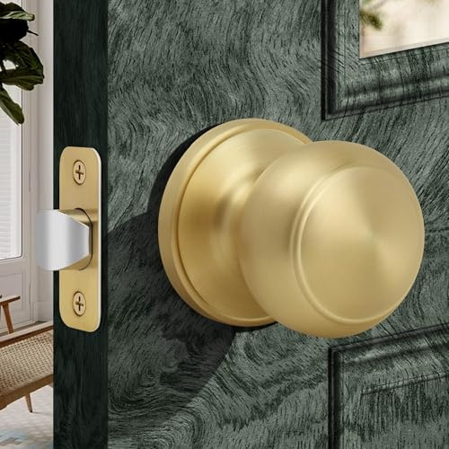 Moquin Flat Ball Passage Door Knob No Lock, Round Interior Door Knob in Satin Brass Finish, Non-Locking Doorknob Without Keys for Hallway Closet