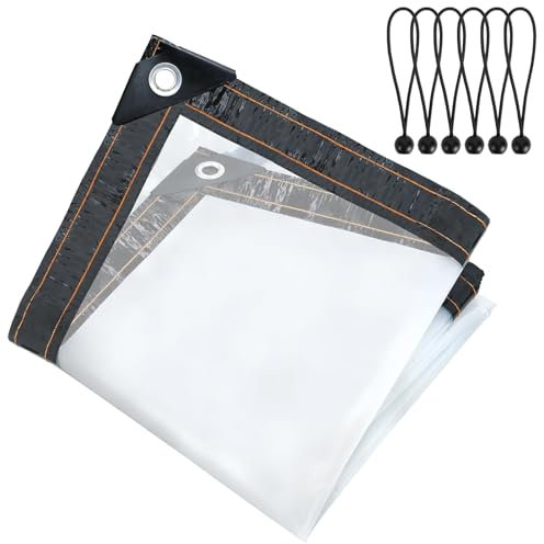 Luabue 2M X 1M Clear Tarpaulin Waterproof Heavy Duty Transparent Tarpaulin Sheet with Eyelets Plastic Tarp Cover with 6Pcs Bungees Ball Cord for Greenhouse Garden Furniture Shed Outdoor Chicken Shed