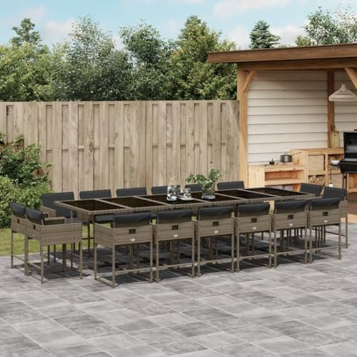 Somanki 17-TLG. Garten-Essgruppe mit Kissen Grau Poly Rattan, Esstisch Mit Stühlen Set, Gartenmöbel Sitzgruppe, Balkon Möbel, Gartenlounge Set, Terrassenmöbel, Balkonmöbel Set - 3278191