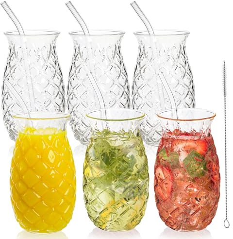 Acshio Set mit 6 Ananasgläsern, 482 ml, klare Ananas-Tiki-Cocktailgläser mit Strohhalmen, Retro-Relief-Ananasbecher, klassische Weintrinkgläser für Cocktail, Wein, Saft, Wasser, Milch