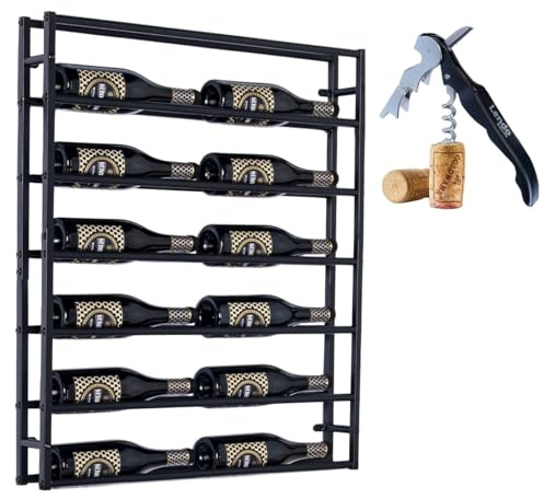 Lendo Online - Botellero de Pared Metálico Negro – para 6, 12 o 24 Botellas de Vino – Diseño Moderno Montado en la Pared – Ahorra Espacio – Incluye Sacacorchos (73x10x84cm)