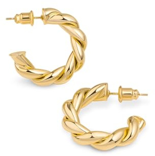 Amberta Trendiga Kraftiga 925 Sterling Silver Post Tvistade Creoler för Kvinnor | Runda Statement-Creoler, Klassisk Gåva, Lättvikt: 14K Guldpläterade Tvinnad Repdesign 25 mm Hypoallergen