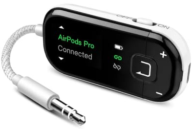Avantree Voyager - Auracast Flugzeug Bluetooth Adapter in Weiß | OLED-Display zeigt Verbindung und Akkustand; Auracast, Bluetooth 5.4, aptX Adaptive und Qualcomm-Chip - Weiß