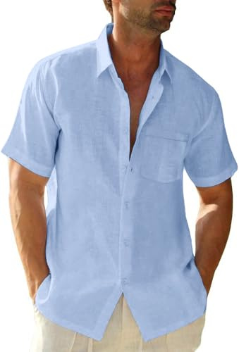Glacspyg camisa de Lino Manga Corta para Hombre Casual de Trabajo Entallada para Negocios y Vacaciones de Verano con Bolsa Azul Cielo