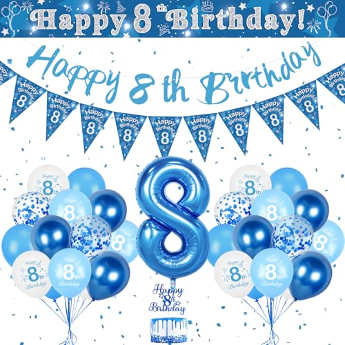 Luftballon 8. Geburtstag Blau, Geburtstagsdeko 8 Jahr Junge, 32 Zoll Blau Luftballons Zahlen 8, Deko 8. Geburtstag Junge Happy Birthday Banner Kindergeburtstag Deko
