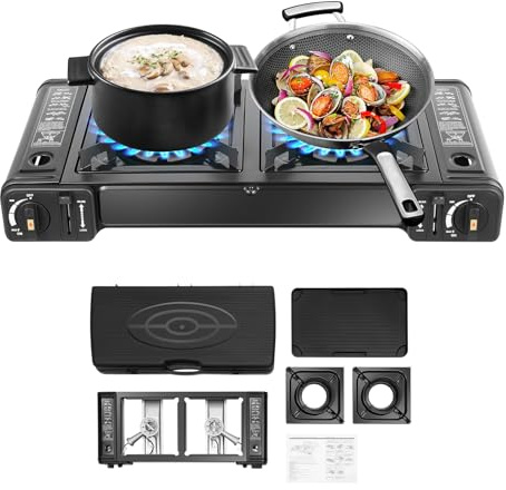 Gasspis med 2 glödlampor, campingspis med grillskål och förvaringsväska, bärbar utomhusgasspis för grill, campare utomhus, camping, 64 x 27,8 x 8 cm (campingkök + grillskål)