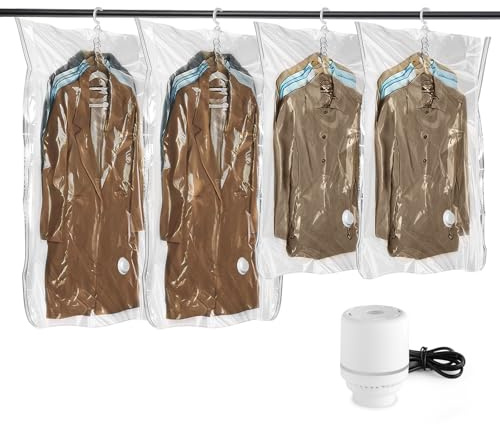 Flintronic Hanging Vacuum Storage Bags, 4pcs(2 Long 135x70CM & 2 Short 110x70CM) Vacuum Compression Zipper Storage Bags, with Electric Pump, for Clothes, Suits, Dresses, Coats or Jackets