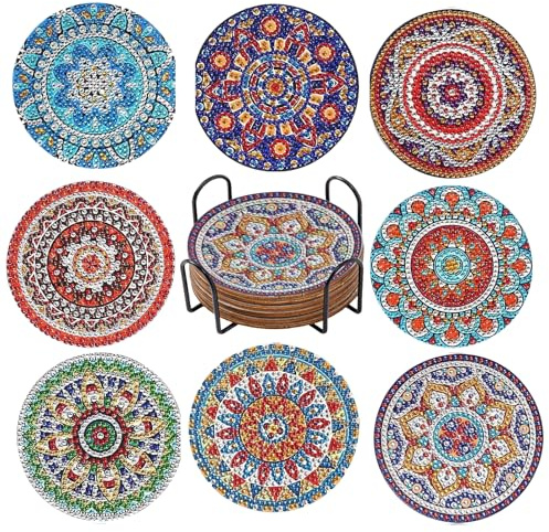 Diamond Painting Untersetzer 8er Set Wiederverwendbare DIY Mandala Tassenuntersetzer mit Halter und Diamant-Malsets für Anfänger Erwachsene Kinder Küchendeko Geschenk
