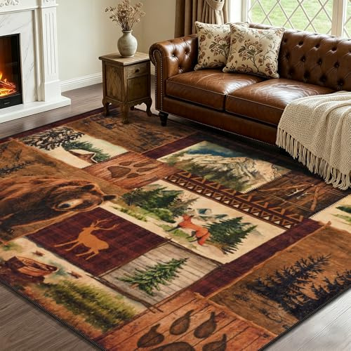 ASPMIZ 4x6 Rustic Cabin Area Rug Non-Slip Washable — Buffalo Plaid Log Cabin Bear Deer Fox Design, Vintage Soft Faux Wool Low Pile Carpet Rugs for Living Room Bedroom