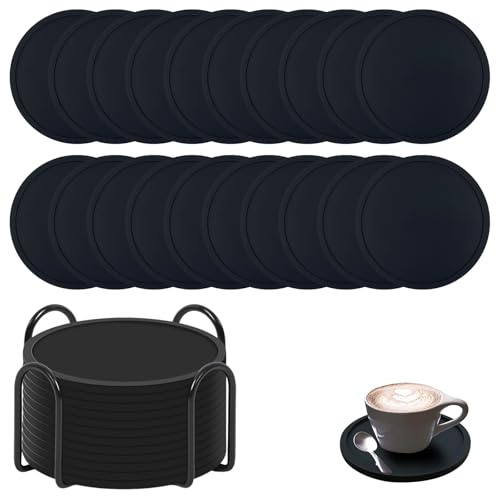 20 Stück Silikon Untersetzer Getränkeuntersetzer mit Ständer Schwarz Untersetzer Glas,Wasserdicht,rutschfest und Hitzebeständig,Passend für Alle Tassenarten,Geeignet für Cafés,Bars,Wohnungen,Büros