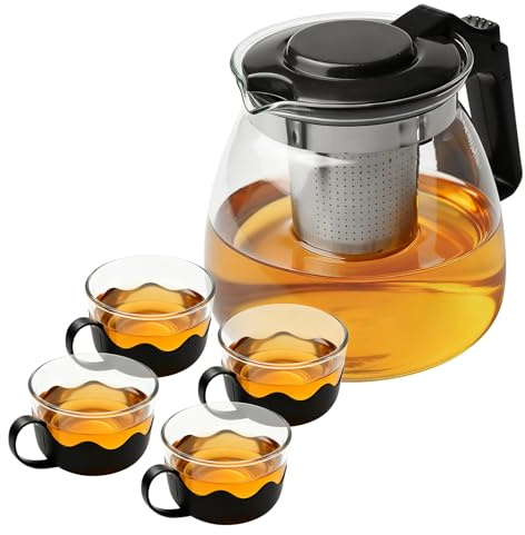 Tetera de vidrio de alta calidad, tetera de vidrio resistente al calor con 4 tazas de té y colador de acero inoxidable, tetera resistente al calor, juego de té de jarra de vidrio