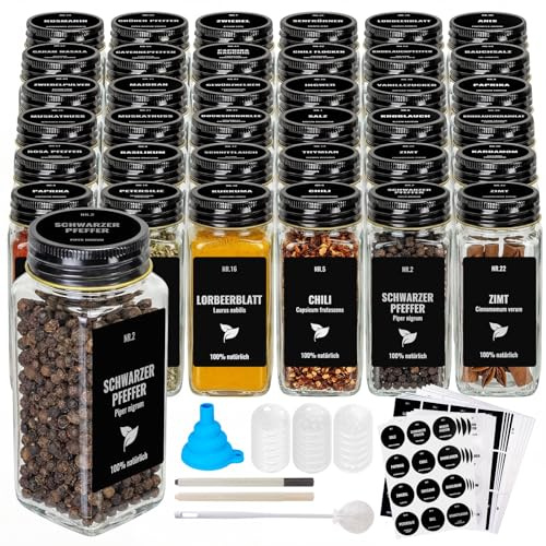 Boic 36 Pcs Glass Spice Jars, 120ml Spice Organiser Spice Containers | Airtight Jars With Black Lid, 576 Labels, Pen, Hose Brush, Silicone Funnels For Spice Organiser, Cupboard (Black)