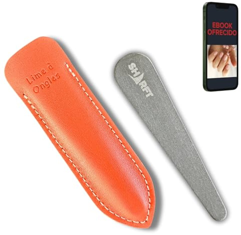 SHARFT, Lime a Ongles Pierre Naturelle des Pyrénées 2 finitions avec étui CUIR de couleur Orange. Format 105x20x5mm en biseau. Utilisable toutes faces. Lavable, Durable, Naturel et MADE IN FRANCE.