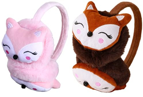 EDLMKM 2 Pack Kids Winter Earmuffs, Ear Muffs, Ear Muffs Kids, Cute Fox Plush Ear Warmers for Boys & Girls, Windproof Ears Protector for Outdoor Sports Cycling, Pink & Brown, 4-10 Years