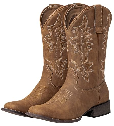 SheSole Cowboy Boots for Women Square Toe Western Boots Wide Calf Cowgirl Boots Pull On Fashion Embroidered Riding Boots Brown UK Size 5