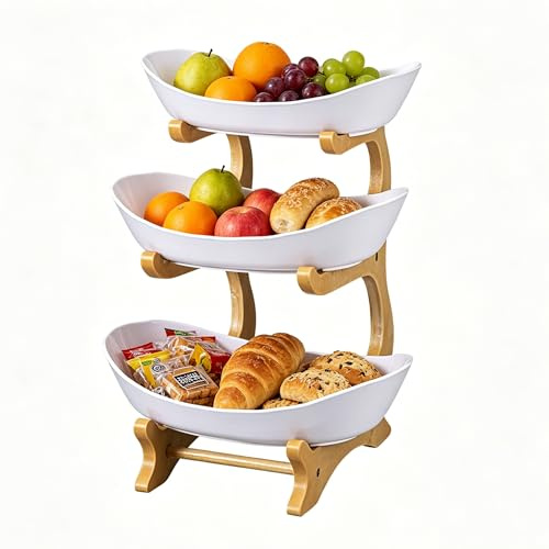 3 Tier Oval Fruit Basket, Stackable & Detachable Bamboo Fruit Bowl Stand, BPA-Free Kitchen Countertop Organizer, Space Saving Serving Tray for Fruits Vegetables Snacks Bread Candy (White, 3-Tier)