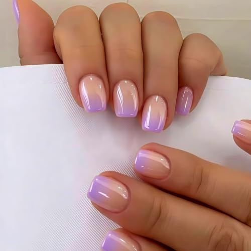 SXVME Chrome Press On Nails Short Square, 30 Pcs Glazed Ombre Lilac False Nails Short with Mirror Finish, Sparkly Nude French Fake Nails Press on, Soft Gel Stick on Nail for Women Cute Manicure