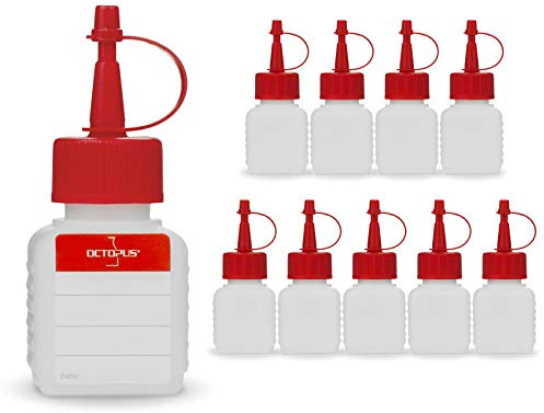 Octopus 10 x 50 ml HDPE Plastikflaschen, z.B. für Flüssigkeiten, Liquidflaschen bzw. Kunststoffflaschen mit roten Spritzverschlüssen/Tropfverschlüssen, inkl. Beschriftungsetiketten