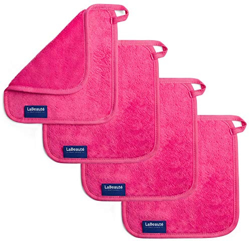LaBeauté Abschminktücher Mikrofaser (4 Stück, 21x21 cm) waschbar und wiederverwendbar, Make Up Entferner Pads, Microfaser Abschminkpads, zum Gesicht Abschminken & Gesichtsreinigung (pink)