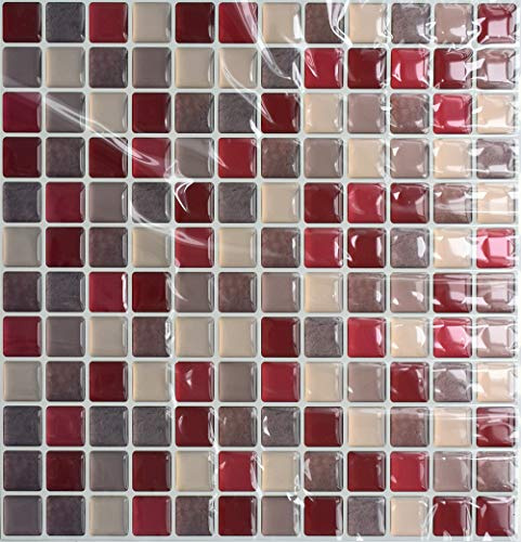 VANCORE 3D Mosaic Sticker Peel and Stick Tile Backsplash Wall Paper for Home Kitchen, Pack of 4, Red