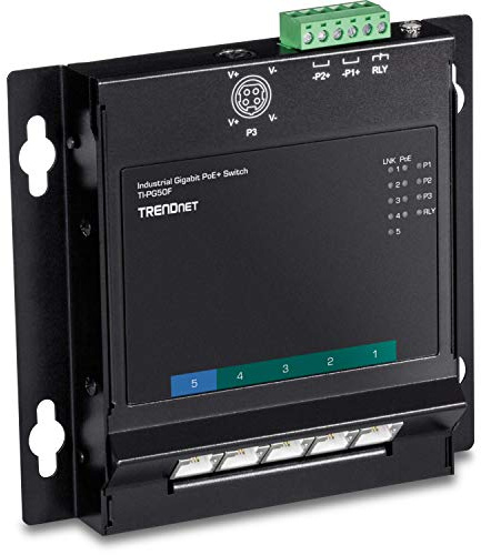 TRENDnet 5-Port Industrial Gigabit Poe+ Wall-Mounted Front Access Switch, 5 x Gigabit PoE+ Ports, DIN-Rail Mount, 48–57 V DC Power Input, IP30, 120 W PoE Budget, TI-PG50F