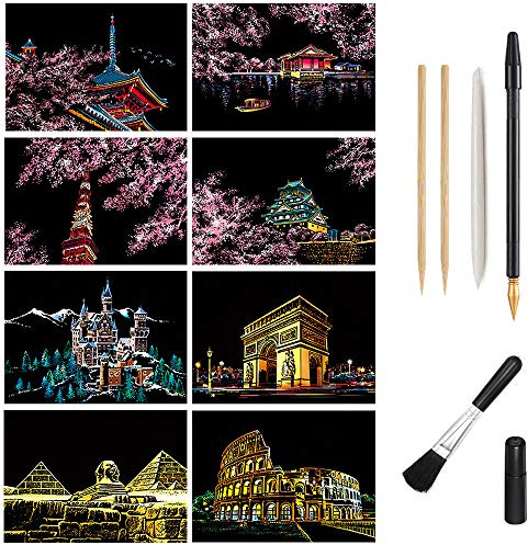 Magic Scratch Art Paper, Mini Envelope Postcard, Rainbow Night View Scratchboard for Adults and Teens, Art & Crafts Set: 8 Sheets Scratch Cards & 6 Tools Drawing Pen, Brush (Building & Cherry Blossom)