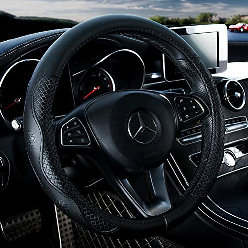 Black Leather Car Steering Wheel Cover Cowhide Wheel Cover Genuine Leather Suv Steering Wheel Covers Universal 15inch Fit Car/Auto/Suv (A-Black-M)