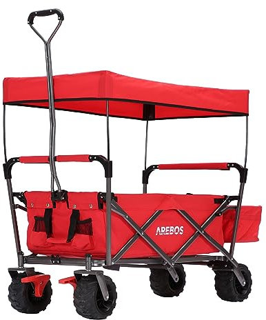 AREBOS Carro de Mano con Techo | Carro Plegable | Carretilla Jardin | Carro Playa | 2X Bolsillos de Malla y 1x Bolsillo Exterior | Neumáticos de Goma Maciza | 100 kg | Rojo
