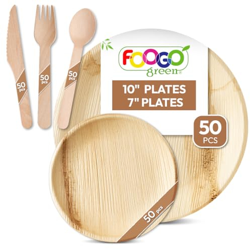 FOOGO Green 250pcs Disposable Palm Leaf Plates and Wooden Cutlery Set, FSC® Certified, 50x Large Round, 50x Small Side Plates, 50x Spoons, 50x Forks, 50x Knives, Eco Biodegradable