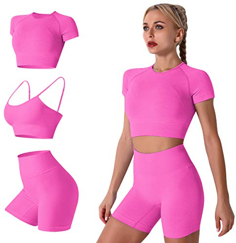 IMEKIS Damen 3 tlg Fitness Set Sport-BH mit Crop-Top und Shorts Nahtlose Yoga Kleidung Fitness Workout Outfit Frauen Slim Fit Sommer Biker Activewear Laufanzug Rose M