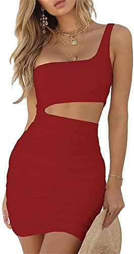 Dam sexig en axel ärmlös rynkad klubbklänning bodycon utskuren miniklänning, Röd, L