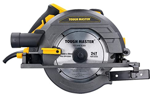 TOUGH MASTER 1400W Circular Saw, Heavy Duty Wood Cutting Tool with 2m Electrical Cord, Powerful Motor, 185mm Blade Diameter, Vacuum Cleaner Adaptor, Aluminium Guard