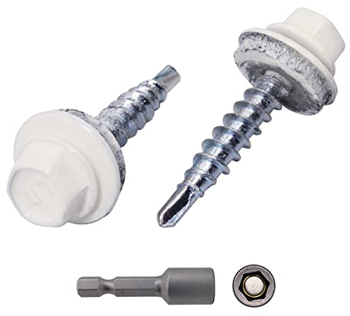 (Förpackning med 50 st) Takskruvar i metall, 4,8 x 35 mm målade självborrande skruvar med EPDM-brickor, plåtskruv (50, ren vit RAL 9010)