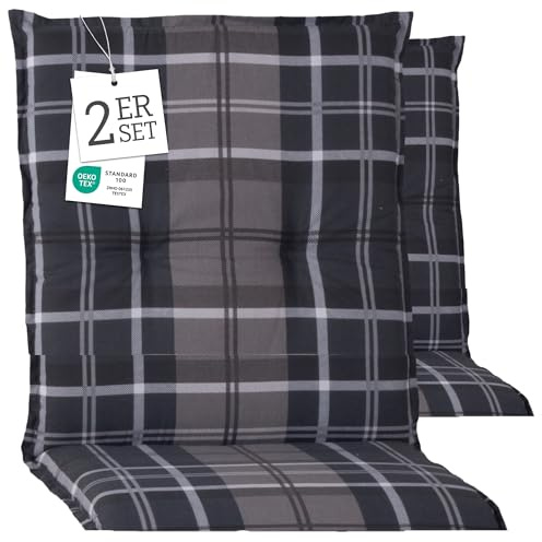Beo Niedriglehner Auflagen 2er Set Barcelona | Made in EU nach Öko-Tex Standard | Waschbare Stuhlauflage Niedriglehner mit Halteband | Atmungsaktive Auflagen Niedriglehner in Grau-Anthrazit Kariert
