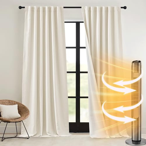 RYB HOME Heavy Faux Linen Curtains for Winter, Thermal Insulated Pinch Pleated Farmhouse Blackout Soundproof Drapes for Living Room Home Theatre, Linen, Wide 52 x Long 96 inch, 2 Panels
