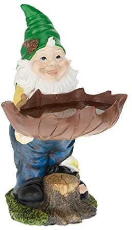 Relaxdays Trädgårdstomte med fågelbad, väderbeständig, frostsäker, H x B x D: 36 x 22 x 22 cm, trädgårdsfigur, konstgjord sten, färgglad | HxBxD: 36 x 22 x 22 cm, trädgårdsfigur, konstgjord sten