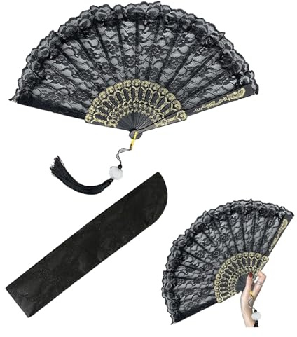 Ventaglio a Mano in Pizzo Nero, Ventaglio da Borsetta Portatile Eastern Wind ventaglio in Pizzo Nero Ventagli Colorati Eleganti per Matrimoni Viaggi, 23 x 42 cm
