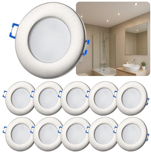 Sweet Led Einbaustrahler 230V IP44 – 10er Set flache Deckenspots 6,5W 530lm warmweiß 3000K Ø68mm Einbau – Chrom gebürstet für Bad, Küche, Feuchträume