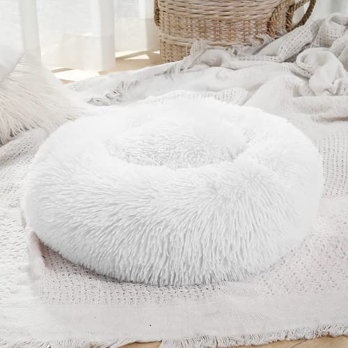 LAIZIHUI Hundebetten,Donut Kissen,Katzenbett, Hundekorb, Flauschiges Hundebett für große, mittelgroße & kleine Hunde. (50CM, weiß)