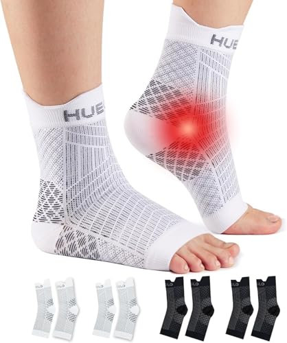 HUEGLO 4 Pairs Compression Socks For Women Men Neuropathy Plantar Fasciitis Socks Ankle Support Brace Breathable Anti-Slip Foot Support (2Black+2White, L)