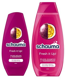 Schauma Pflege-Shampoo Fresh it Up! (1x 400 ml) Haarshampoo für fettigen Ansatz & trockene Spitzen & Spülung (1x 250 ml) Haarspülung pflegt beanspruchte Haarspitzen, Passionsfrucht