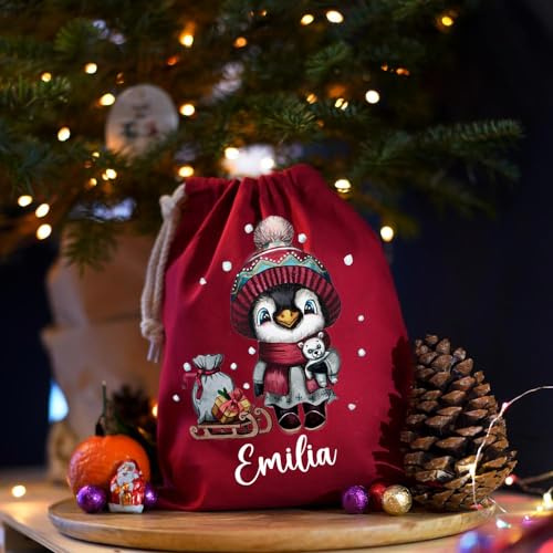 Nikolausbeutel Nikolaussäckchen Nikolaussack Nikolaus Nikolausgeschenk Weihnachtssäckchen Stiefel personalisiert mit Namen und Pinguin mit Schlitten Motiv nkb4 - ausgewählte Farbe: *Rot*