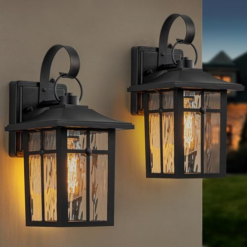Lawyettle 2 Pack Dusk to Dawn Outdoor Wall Lights, Aluminum Exterior Light Fixtures Wall Mount with Ripple Glass, Waterproof Black Porch Lights, Outside Wall Lantern for Entryway, Garage, Patio