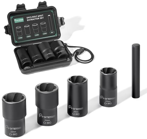 Pronese 1/2 Drive Twist Socket Set Wheel Nut Remover,Locking Wheel nut Removal Tool to Remover Damaged Rusted Lug Nut,Big Bolt Extractor Set 5Pcs 17mm,19mm,21mm,22mm Socket with 1PCS Bar