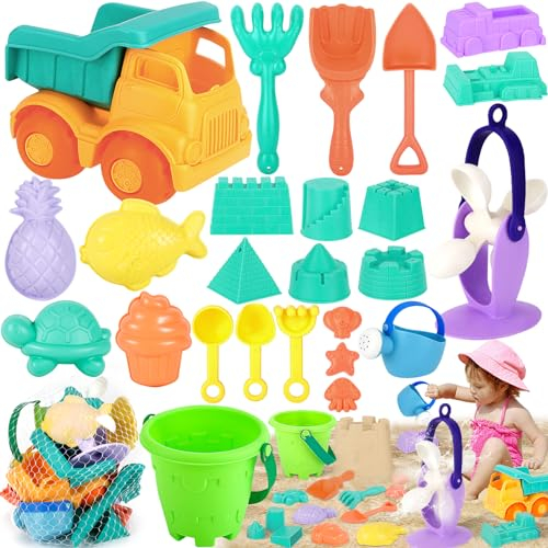 MULEVIP Sandspielzeug 25 Stück Sandspielzeug Set,Sandkasten Spielzeug,Sandspielzeug Junge,Sandspielzeug Mädchen,Sandformen,Strandspielzeug mit Wasserrad,Strandbuggy,Eimer,Netzbeutel für Age 2,3,4,5