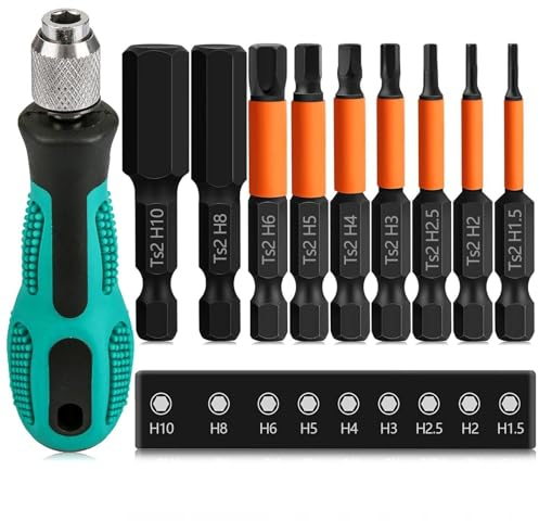 XIATIAN 10 Pcs Magnetic Allen Key Drill Bit Set, H1.5mm-H10mmm 50mm Metric Impact Driver Allen Key Bit Set and Handle Screwdriver, 1/4 Hexagon Shank S2 Steel Hex Bits Accessories
