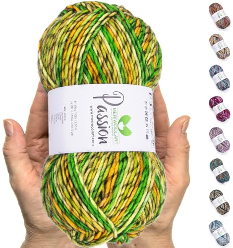 MeriWoolArt® Merino Wolle zum Stricken – 200 m Mehrfarbige Dicke Merinowolle – Weiche Wolle zum Häkeln und Armstricken für Pullover, Schals, Decken, Tücher, DIY Strickprojekte
